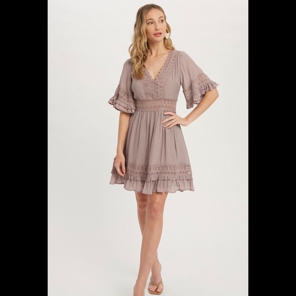 Bluivy Dresses & Skirts - Bluivy Womens Sz Large 32" Waist Dress Zip Up Lace Mini Mauve Short Sleeve